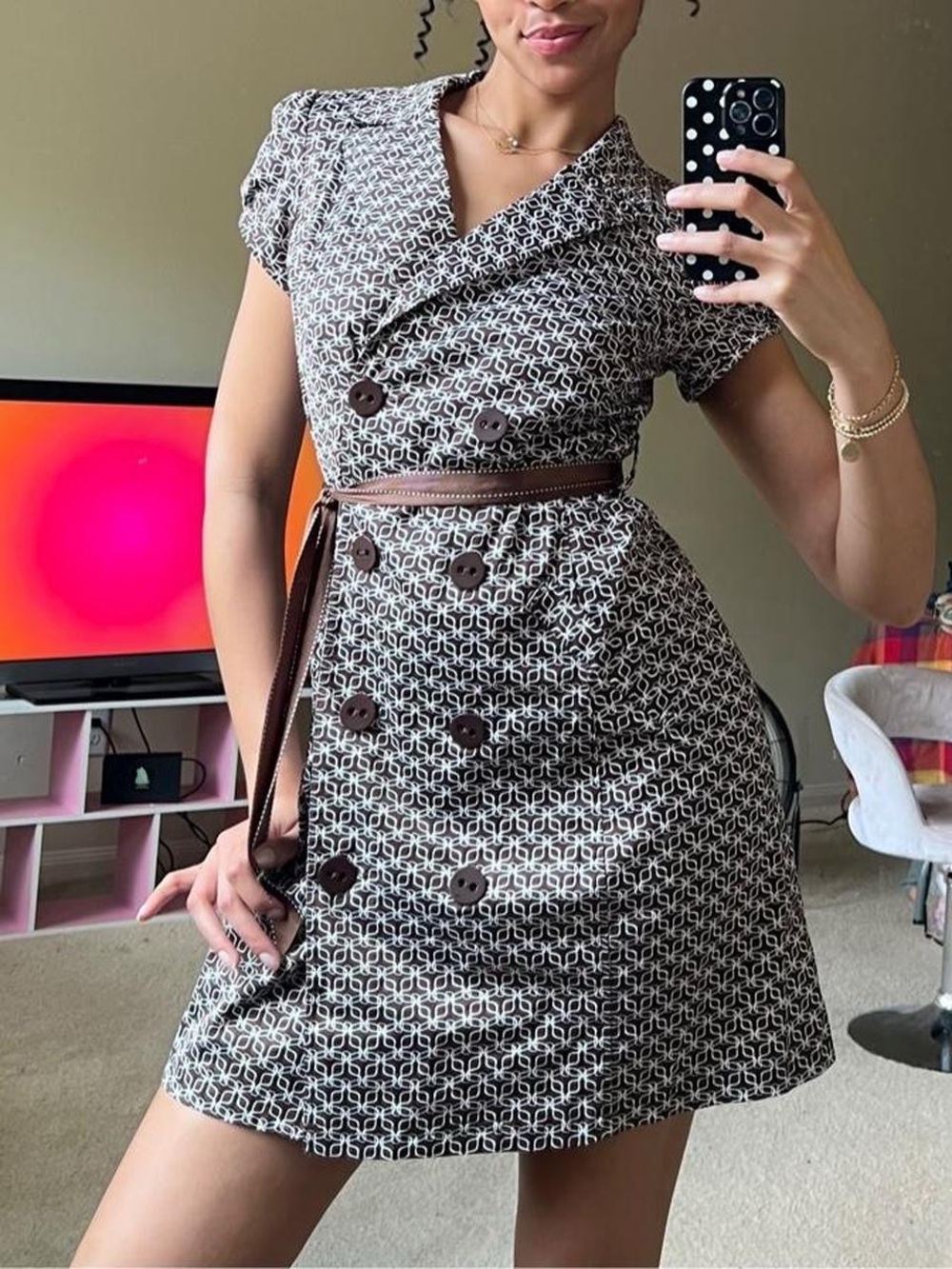 Brown retro geometric print large button collared cotton dress, NWT Y2K vintage